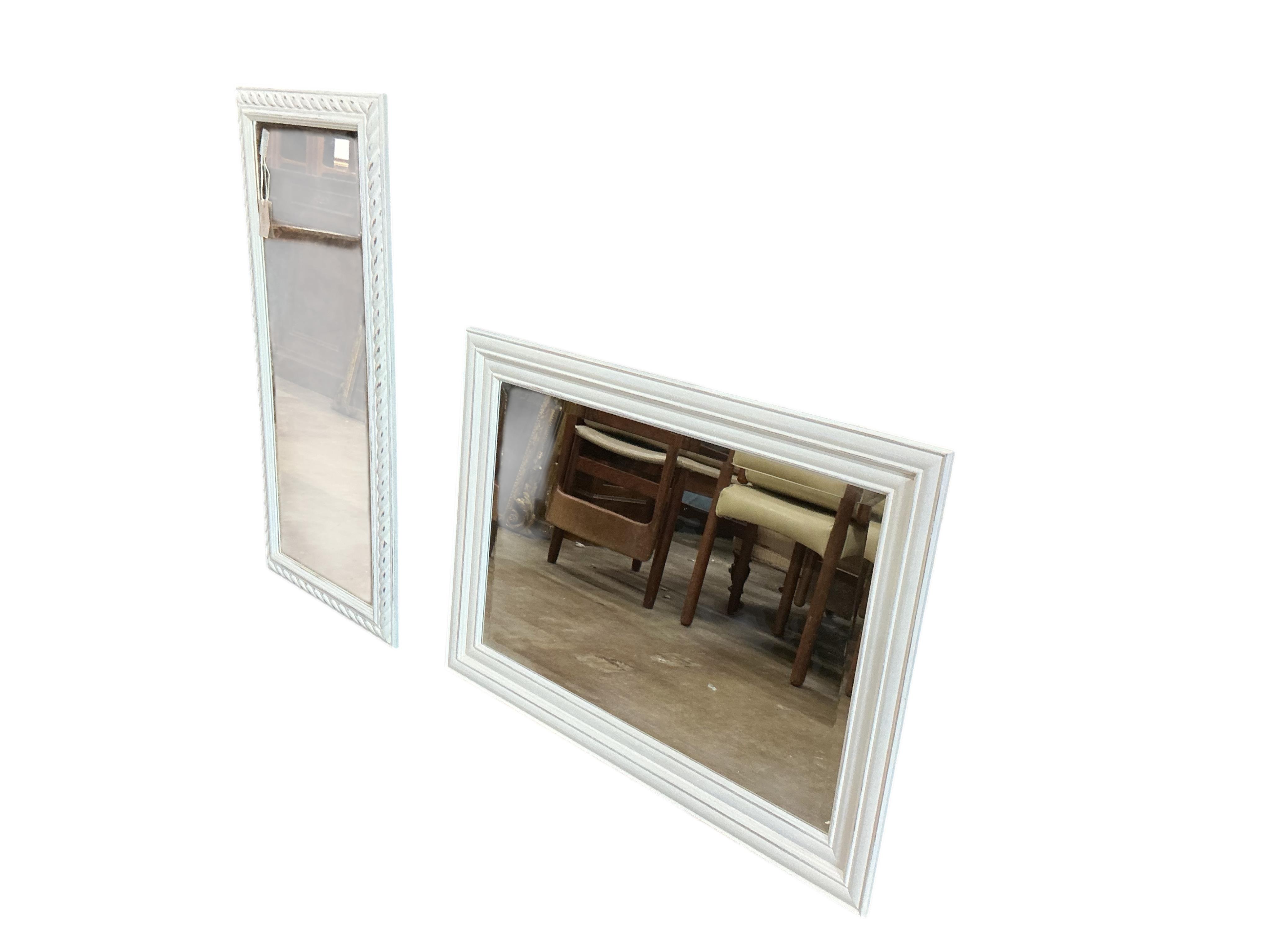 Four contemporary painted rectangular wall mirrors, largest 49cm wide, 103cm high